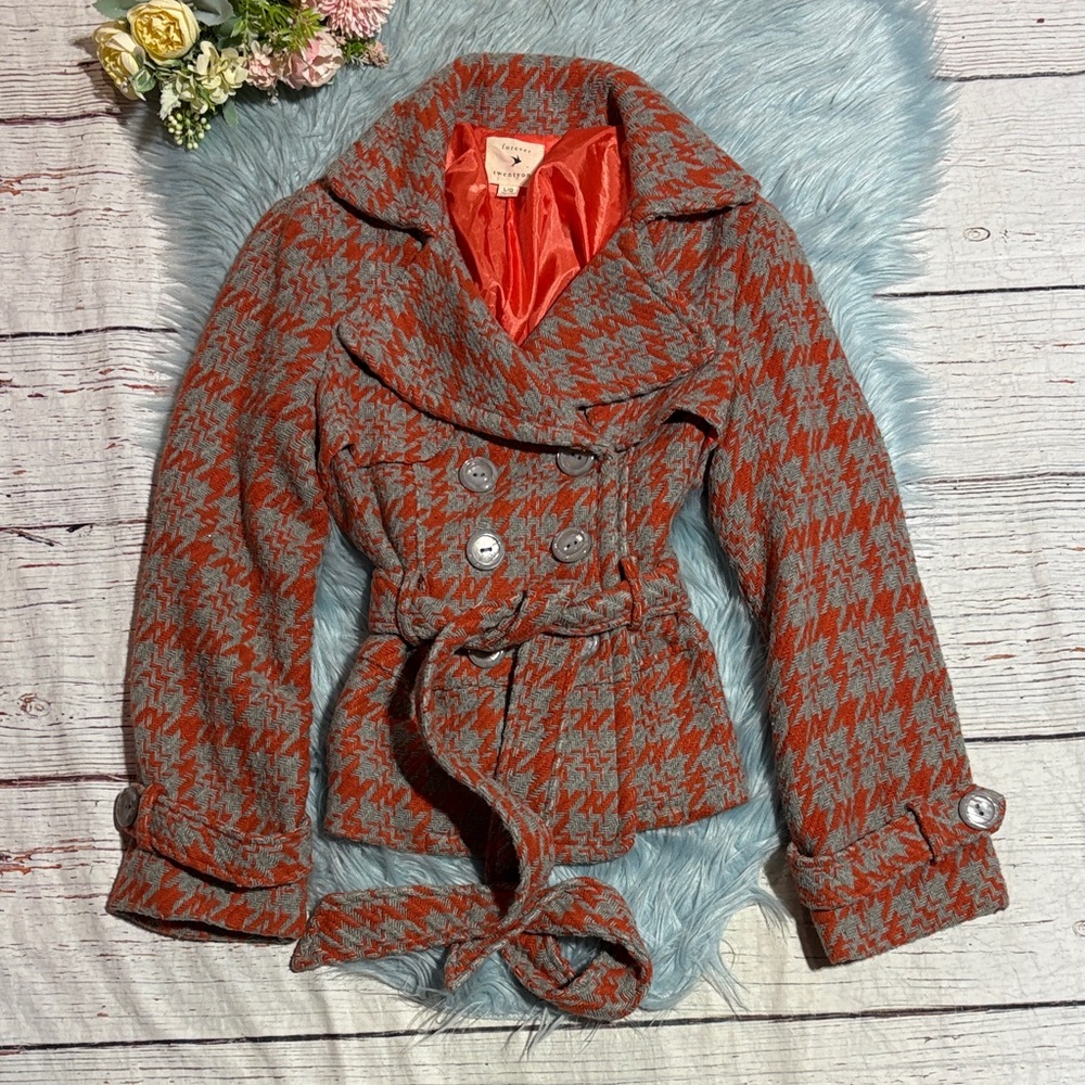 Vintage Y2K Forever 21 Orange and Gray Houndstooth Pea Coat sz L